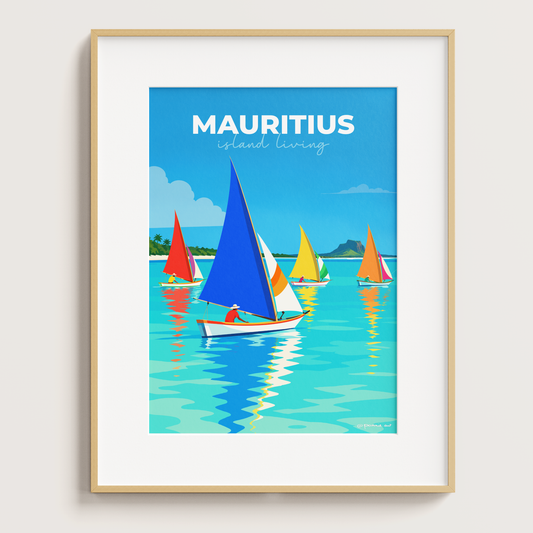 Poster de pirogues à voile multicolores sur le lagon mauricien dans un cadre avec passe-partout blanc