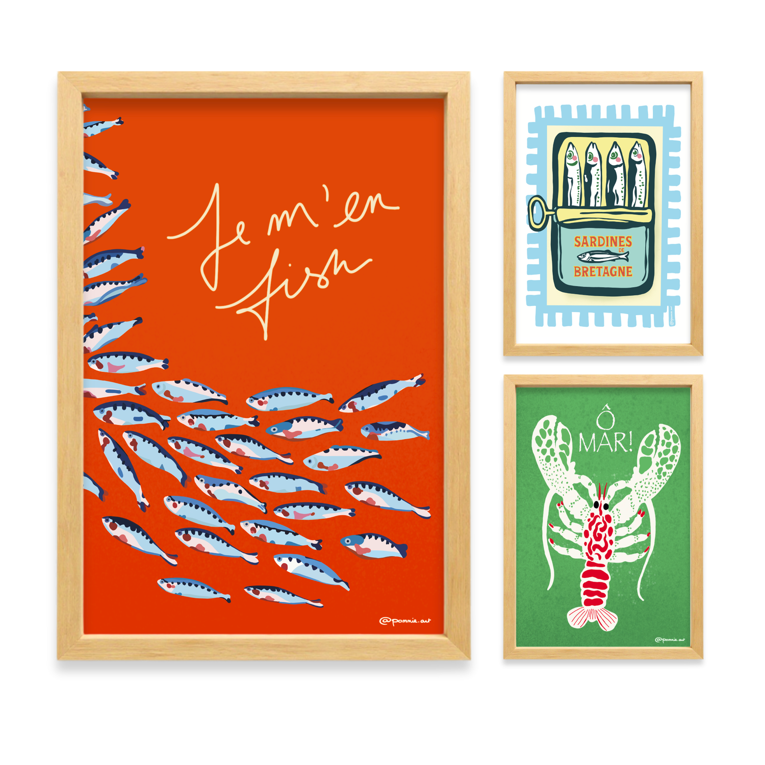 Collection d’affiches marines colorées avec poissons, crustacés et illustrations graphiques pour décoration murale