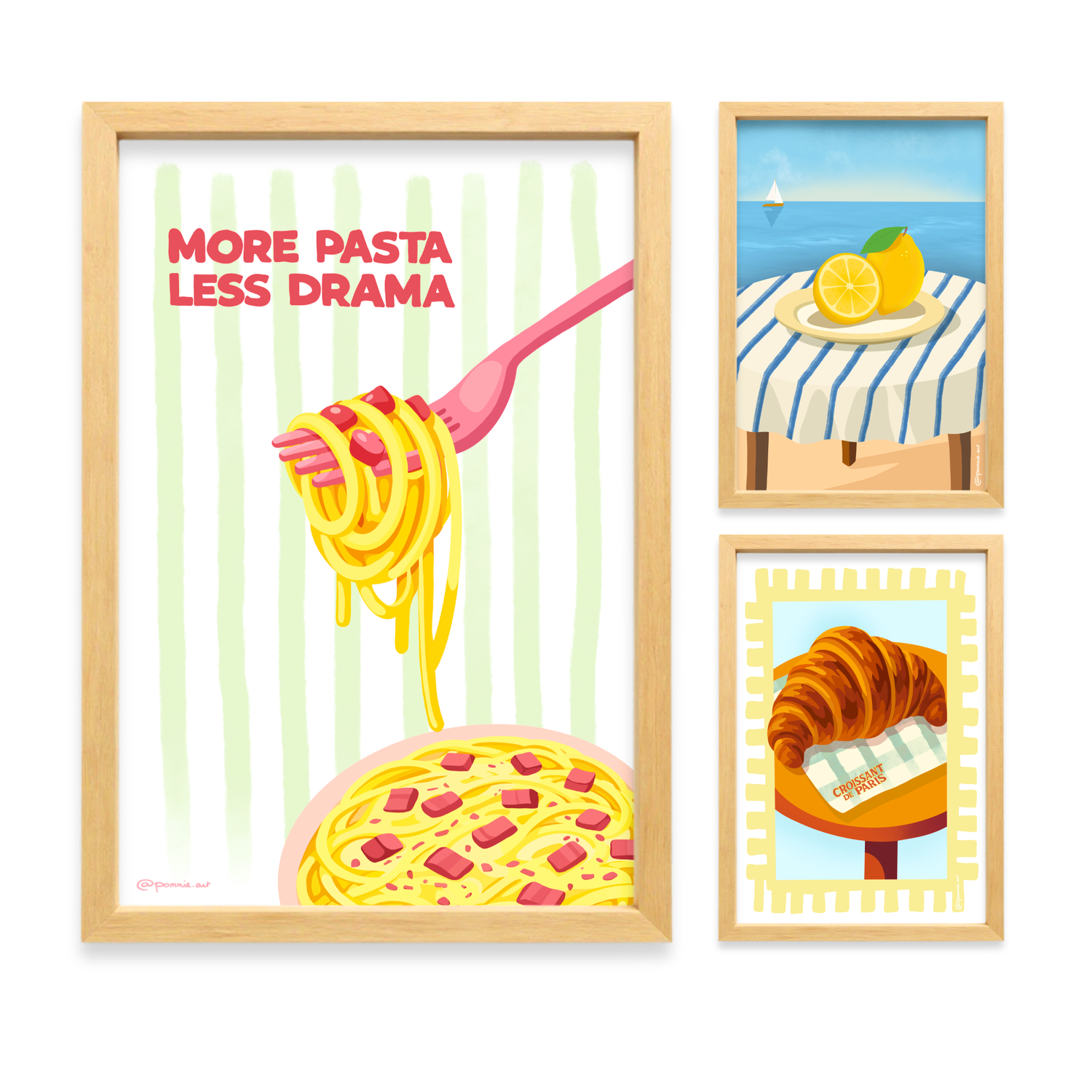 Collection d’affiches cuisine colorées avec pâtes, citron et illustrations food pour décoration murale
