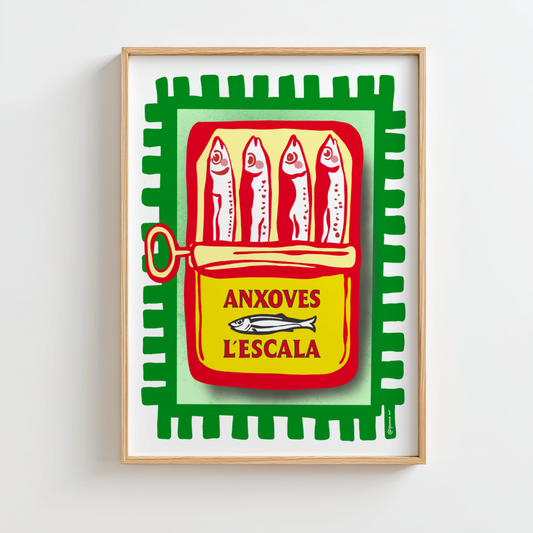 Affiche colorée inspirée des boîtes d’anchois de L’Escala