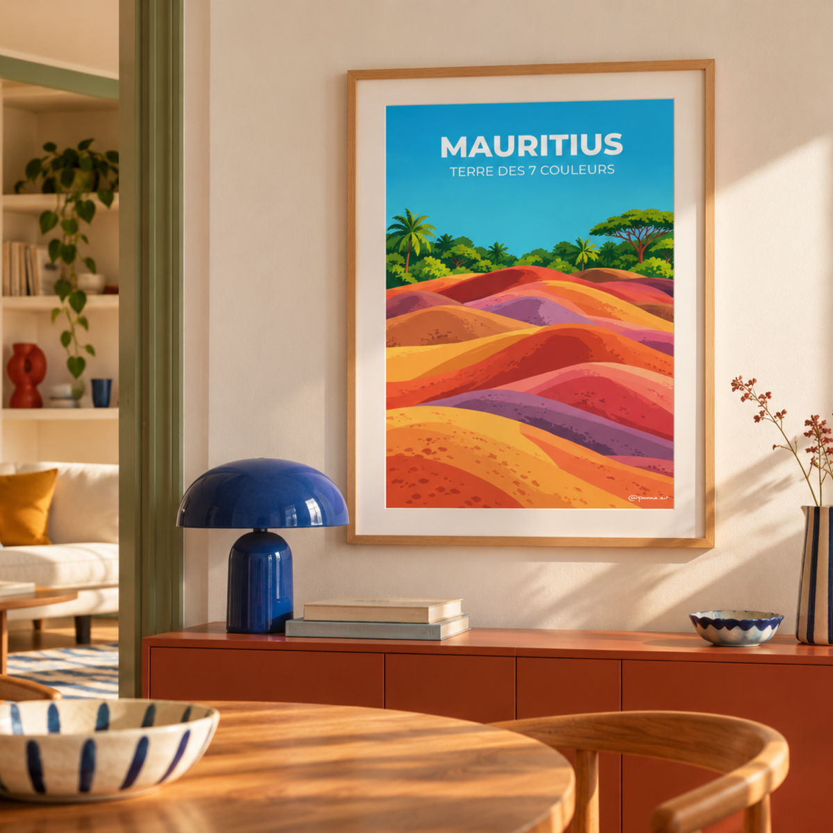 Affiche Terre des 7 Couleurs encadrée dans un salon chaleureux, au-dessus d'un meuble en bois, avec décoration colorée
