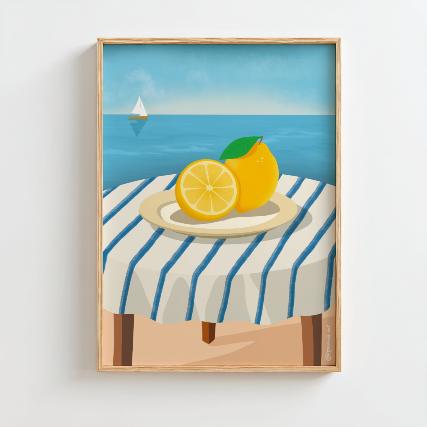 Affiche de citrons face à la mer sur une table à rayures bleues et blanches