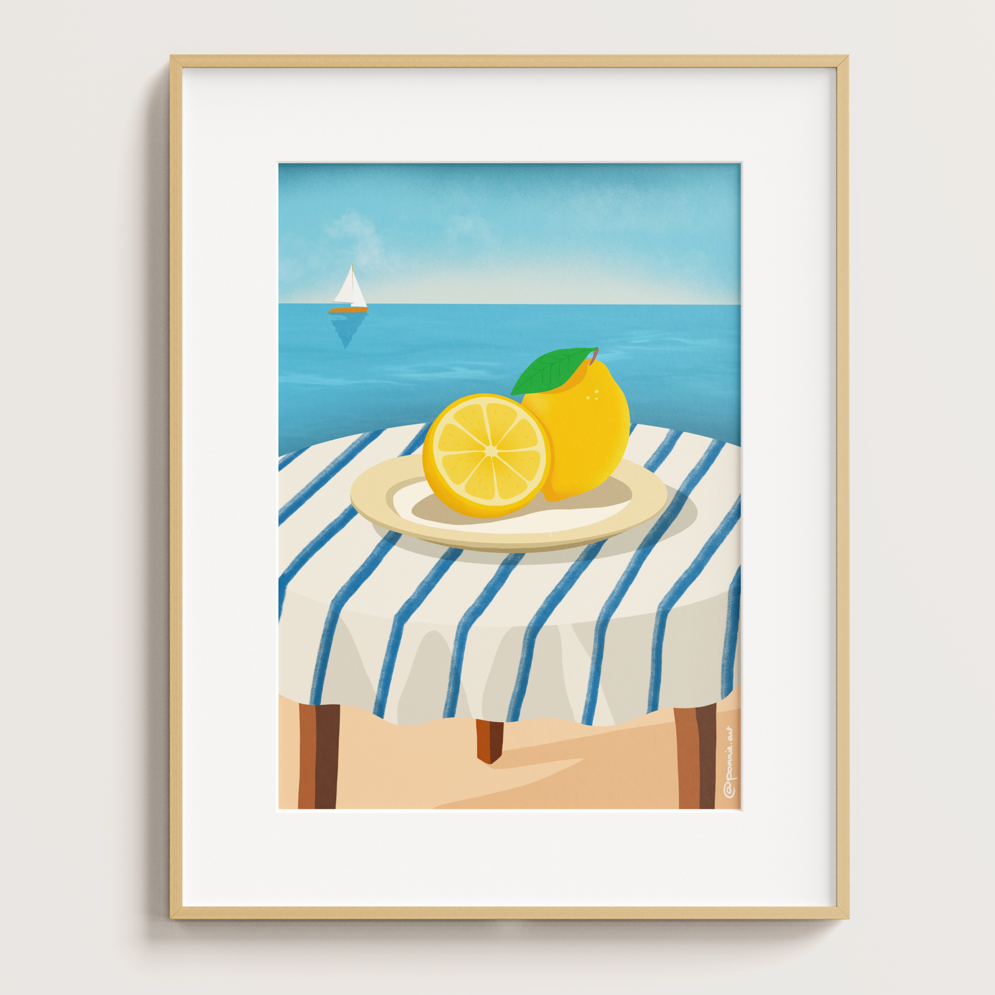 Poster méditerranéen avec citrons jaunes et vue sur l’océan