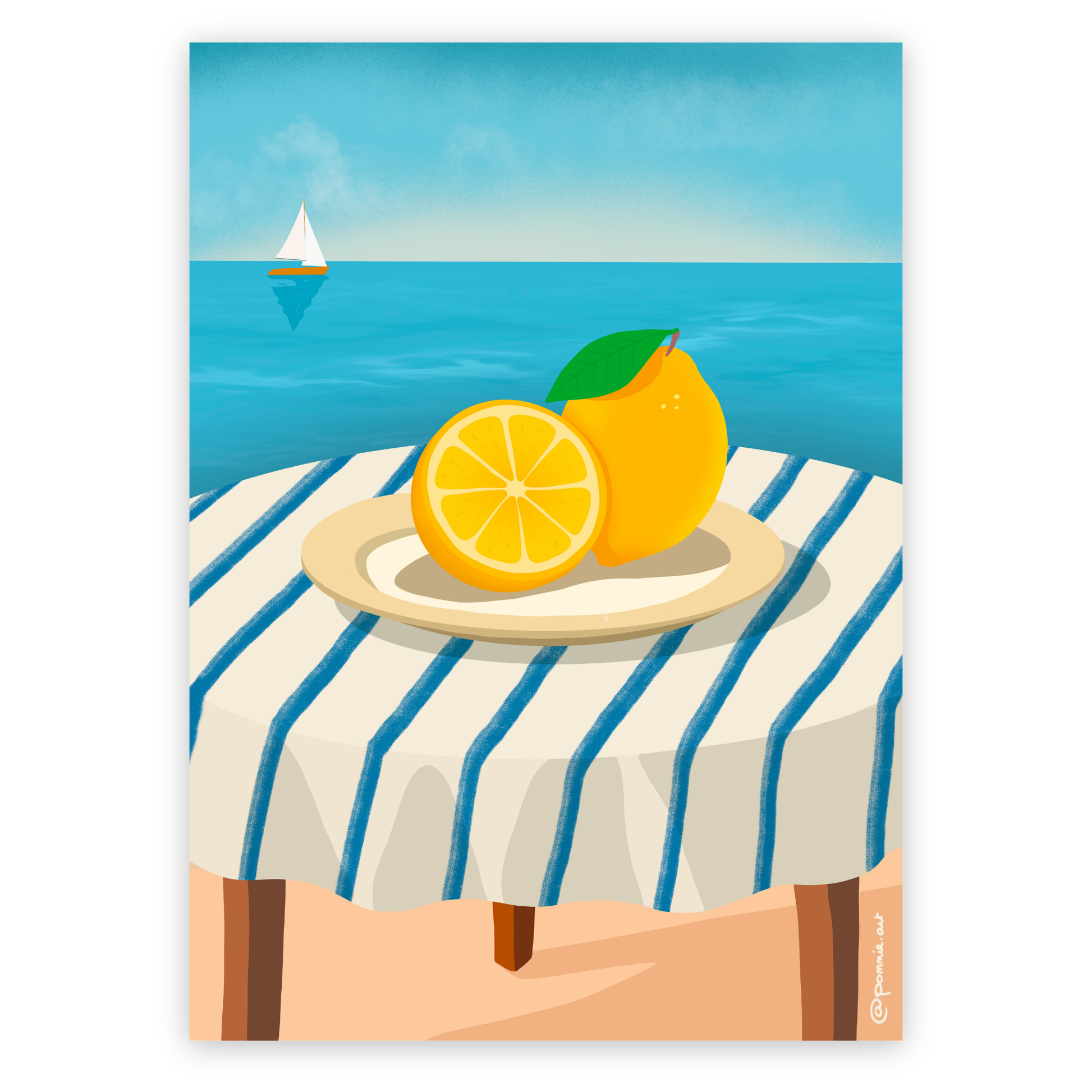 Affiche bord de mer avec citrons jaunes et ambiance estivale