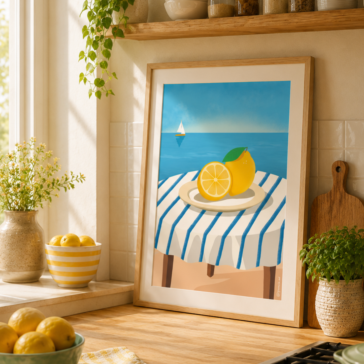 Poster déco méditerranéen avec nature morte de citrons et mer bleue