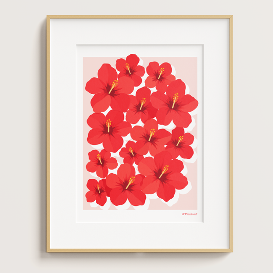 Poster Hibiscus représentant un bouquet de fleurs tropicales rouges dans un cadre avec passe-partout blanc