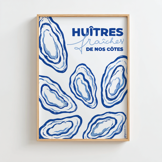 Affiche poster Huîtres fraîches de nos côtes Pommie encadrée avec cadre en bois clair