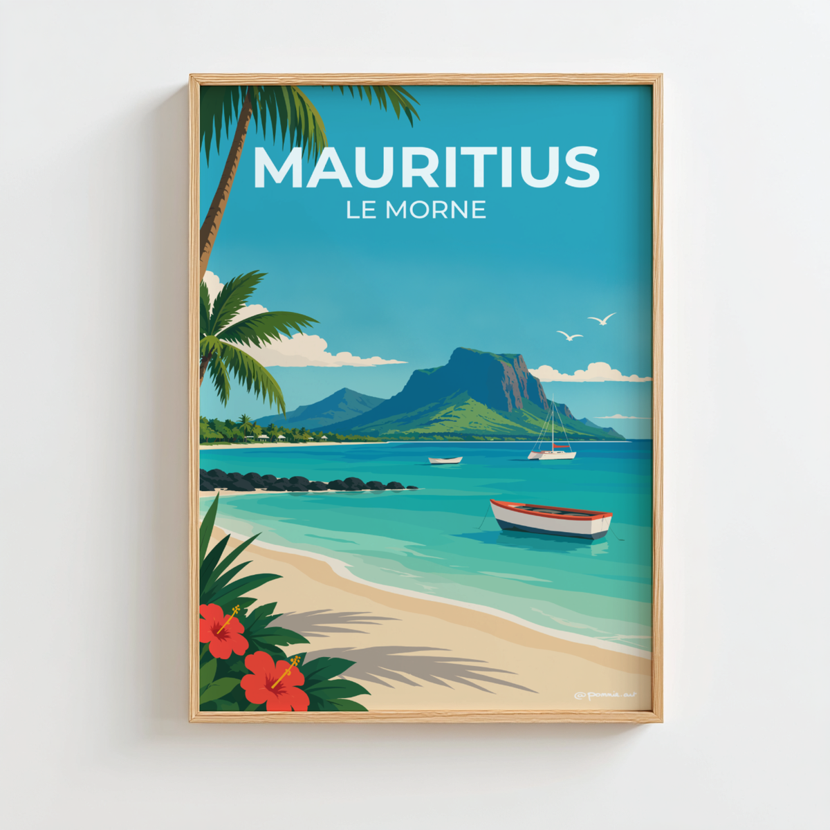 Affiche Le Morne Île Maurice représentant le Morne Brabant, un lagon turquoise et une plage tropicale