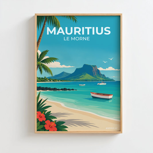 Affiche Le Morne Île Maurice représentant le Morne Brabant, un lagon turquoise et une plage tropicale