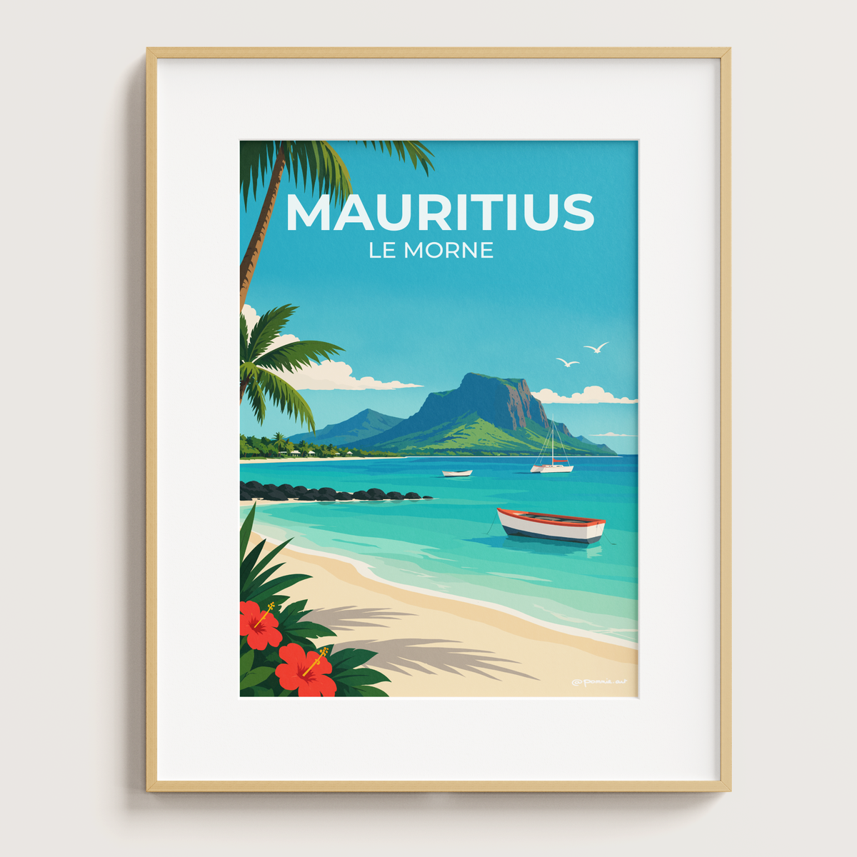 Poster Le Morne Brabant à l'île Maurice encadré en bois clair avec passe-partout blanc