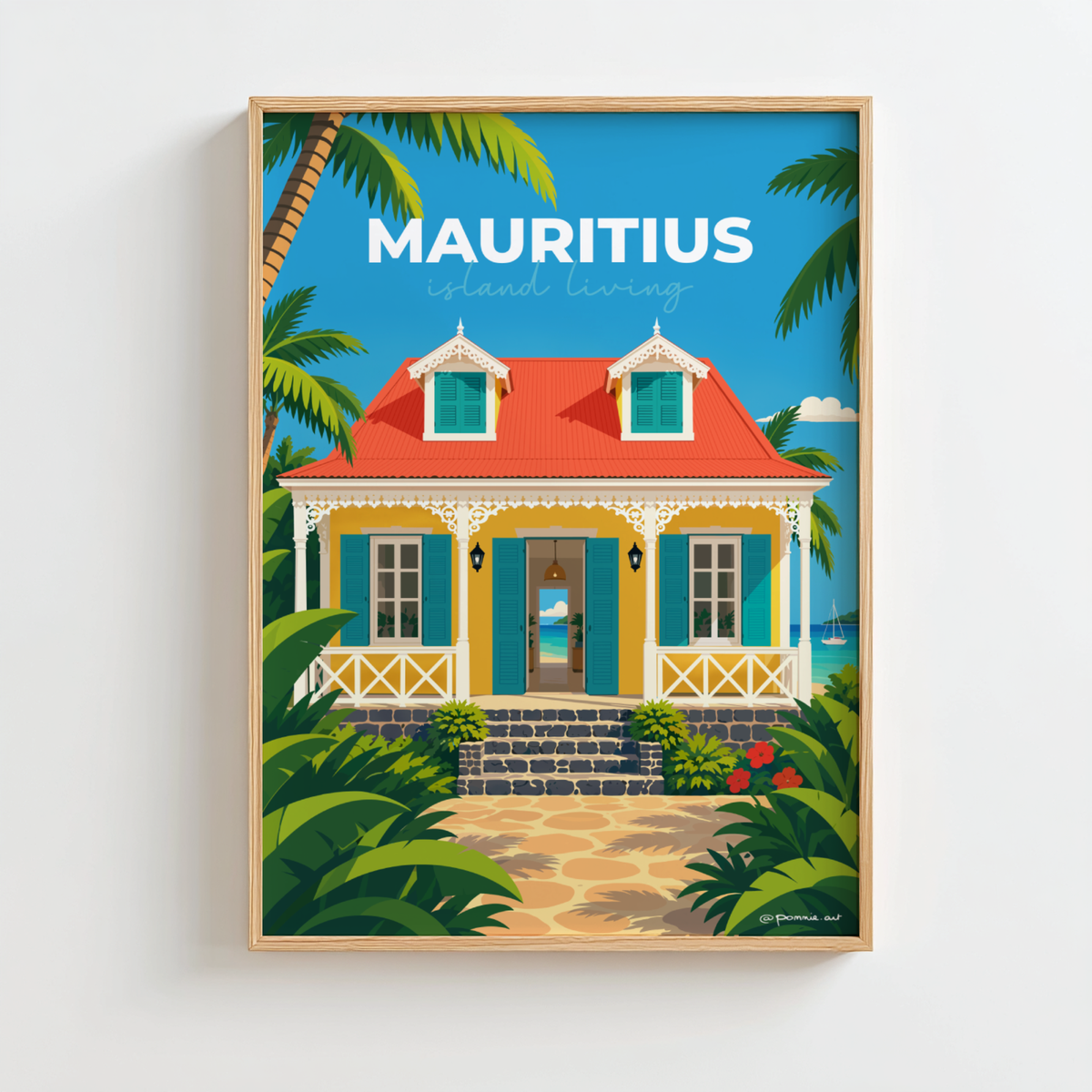 Affiche Maison Coloniale aux volets turquoise et toit rouge dans une décoration chaleureuse