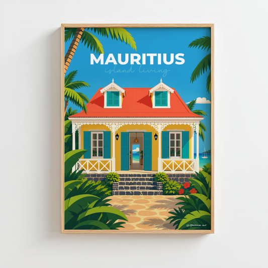 Affiche Maison Coloniale aux volets turquoise et toit rouge dans une décoration chaleureuse