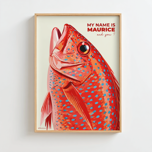Affiche My Name Is Maurice représentant un poisson veille rouge coloré en rouge orangé et bleu