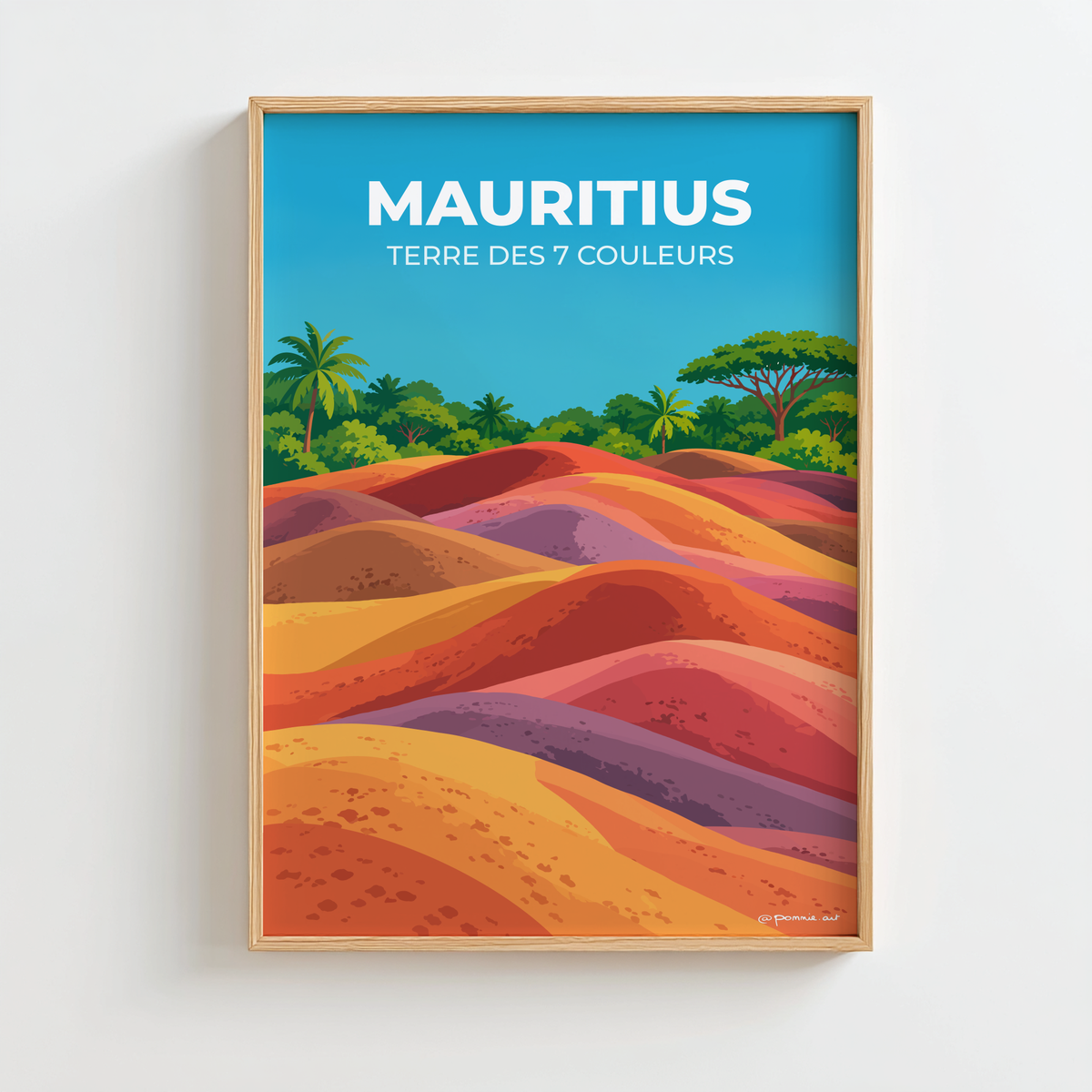Affiche Terre des 7 Couleurs à Chamarel, île Maurice, représentant des dunes multicolores entourées de végétation tropicale