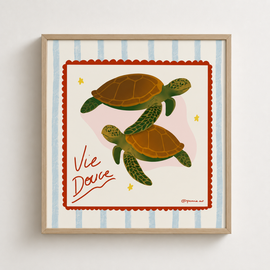 Affiche poster Tortues de mer – Vie Douce Pommie encadrée dans une décoration intérieure bord de mer