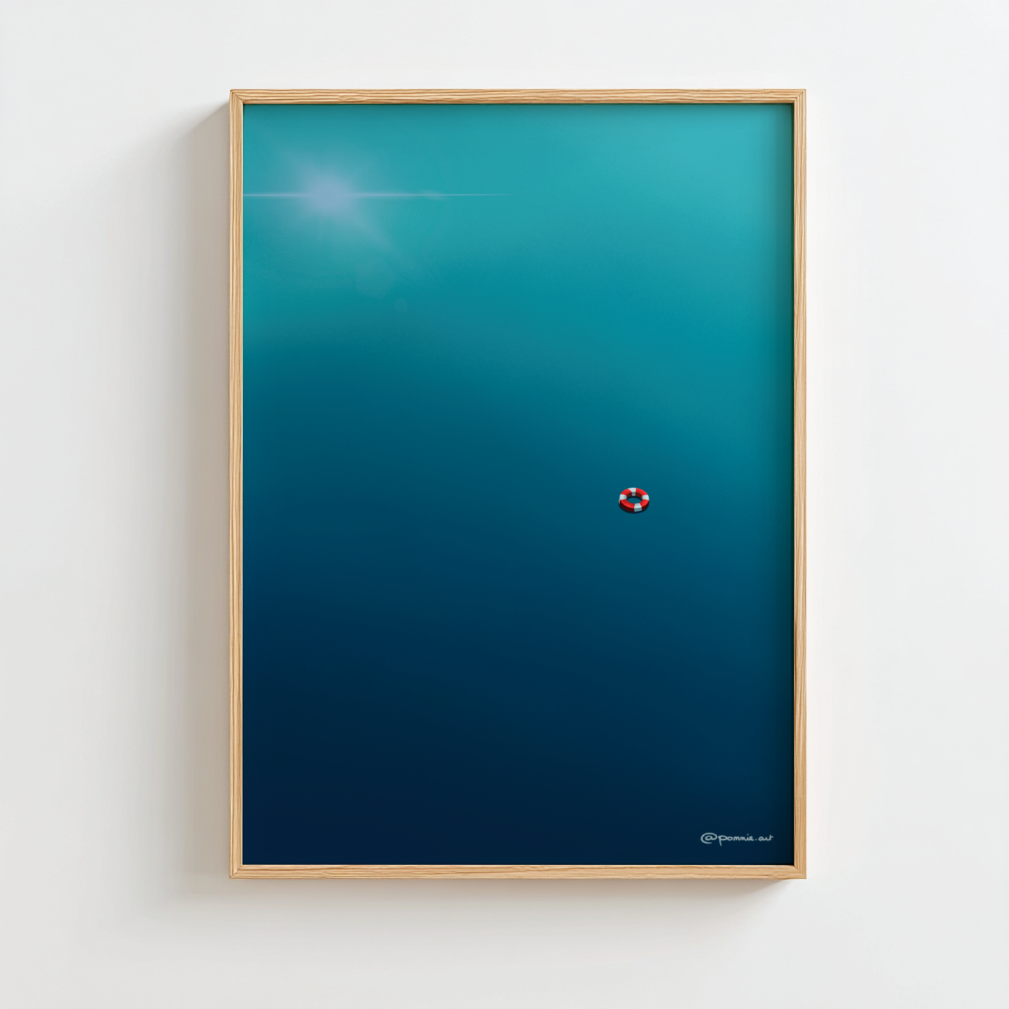 Affiche minimaliste d’une petite bouée flottant sur une mer bleu profond