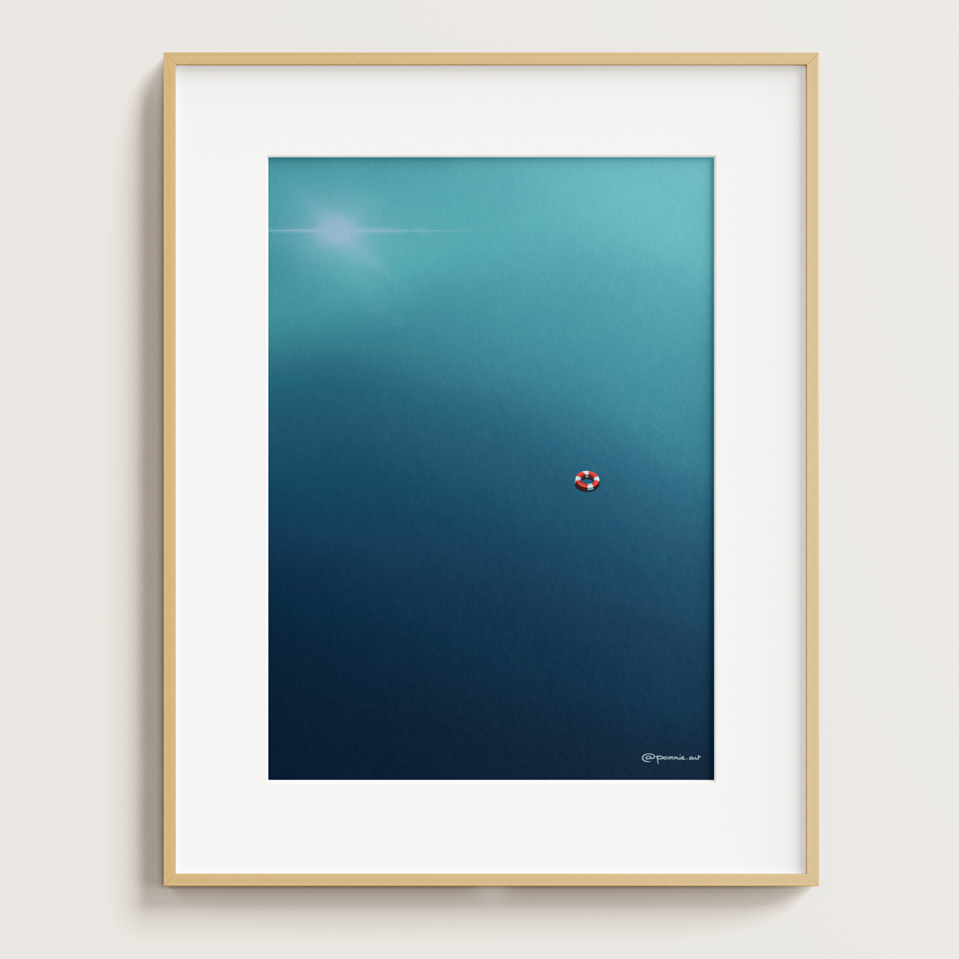 Poster bord de mer aux nuances de bleu avec une bouée rouge et blanche