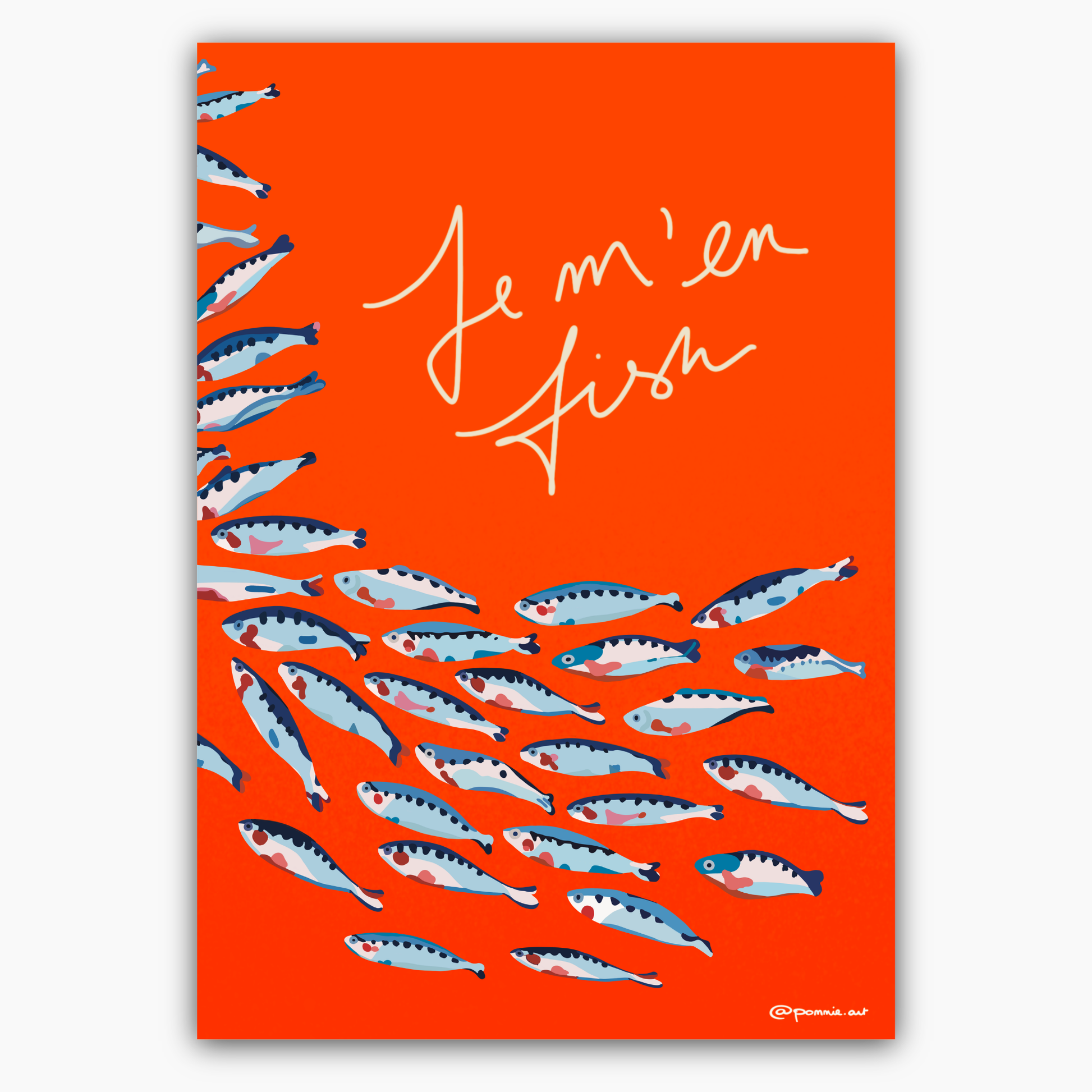 Poster orange et bleu avec poissons argentés au design rétro et estival