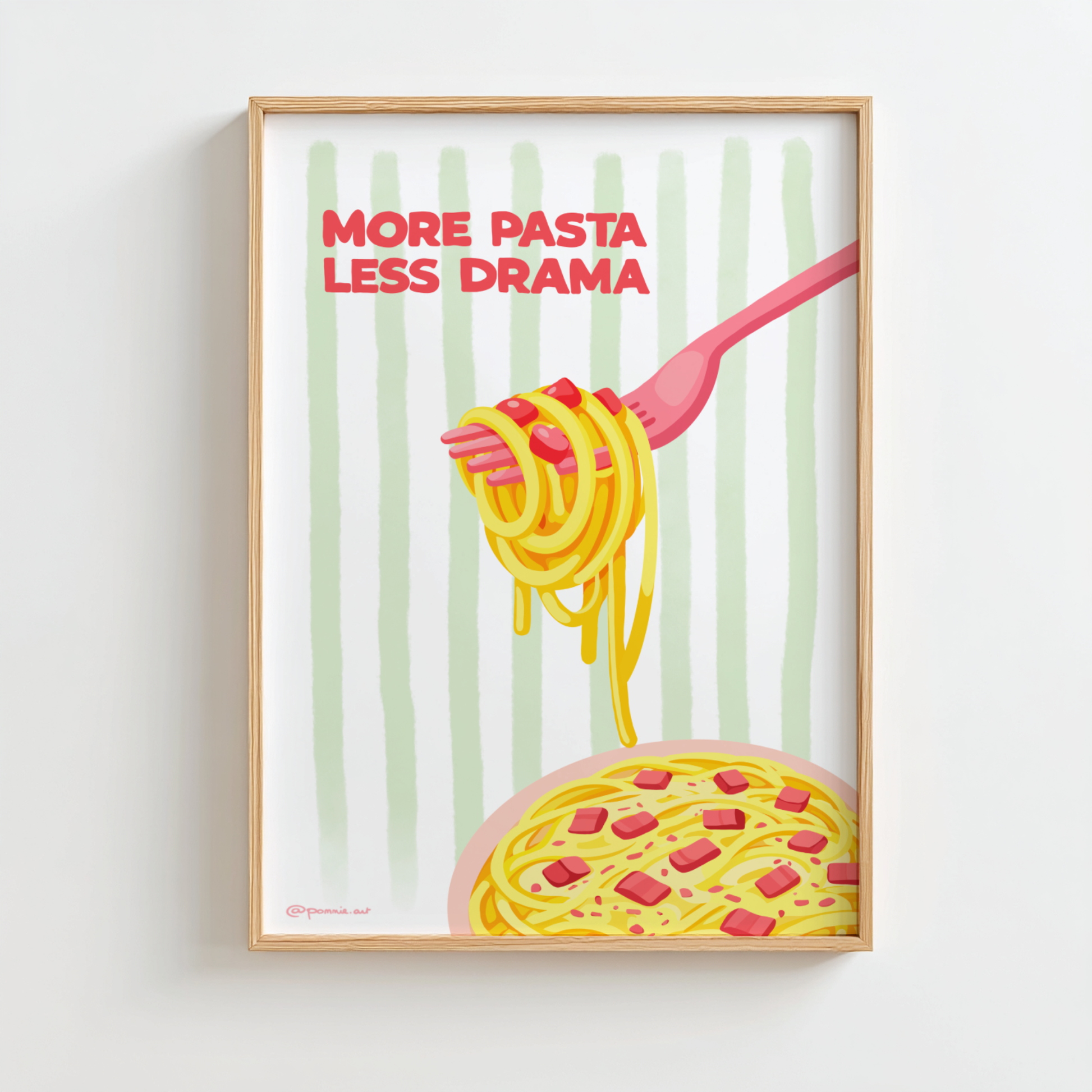 Affiche colorée de spaghetti avec fourchette rose et fond rayé vert clair