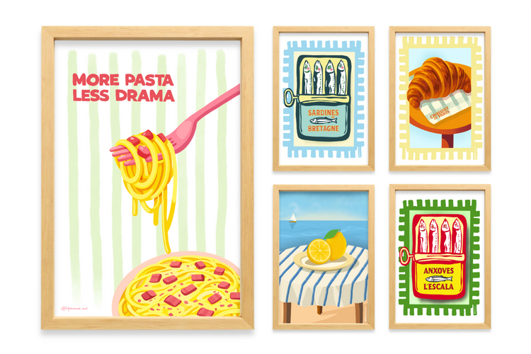 Collection affiches nourriture, pâtes, citrons, croissant, sardines et anchois par Pommie