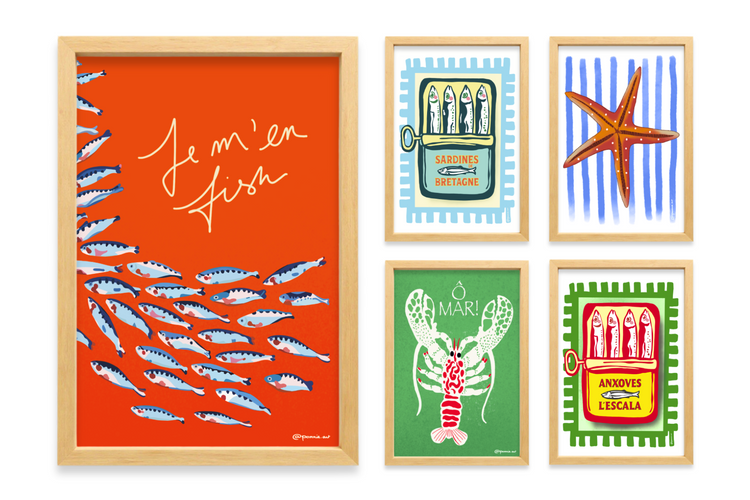 Collection affiches animaux marins, homard, crabe, étoile de mer, poissons par Pommie
