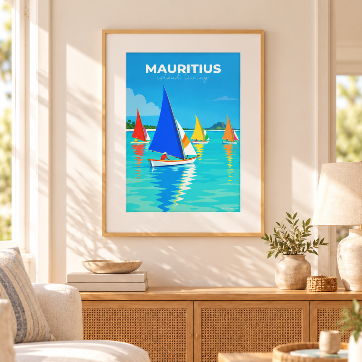 Affiche Pirogues Île Maurice représentant des voiliers aux voiles colorées sur un lagon turquoise, encadrée en bois clair dans un salon lumineux et chaleureux.