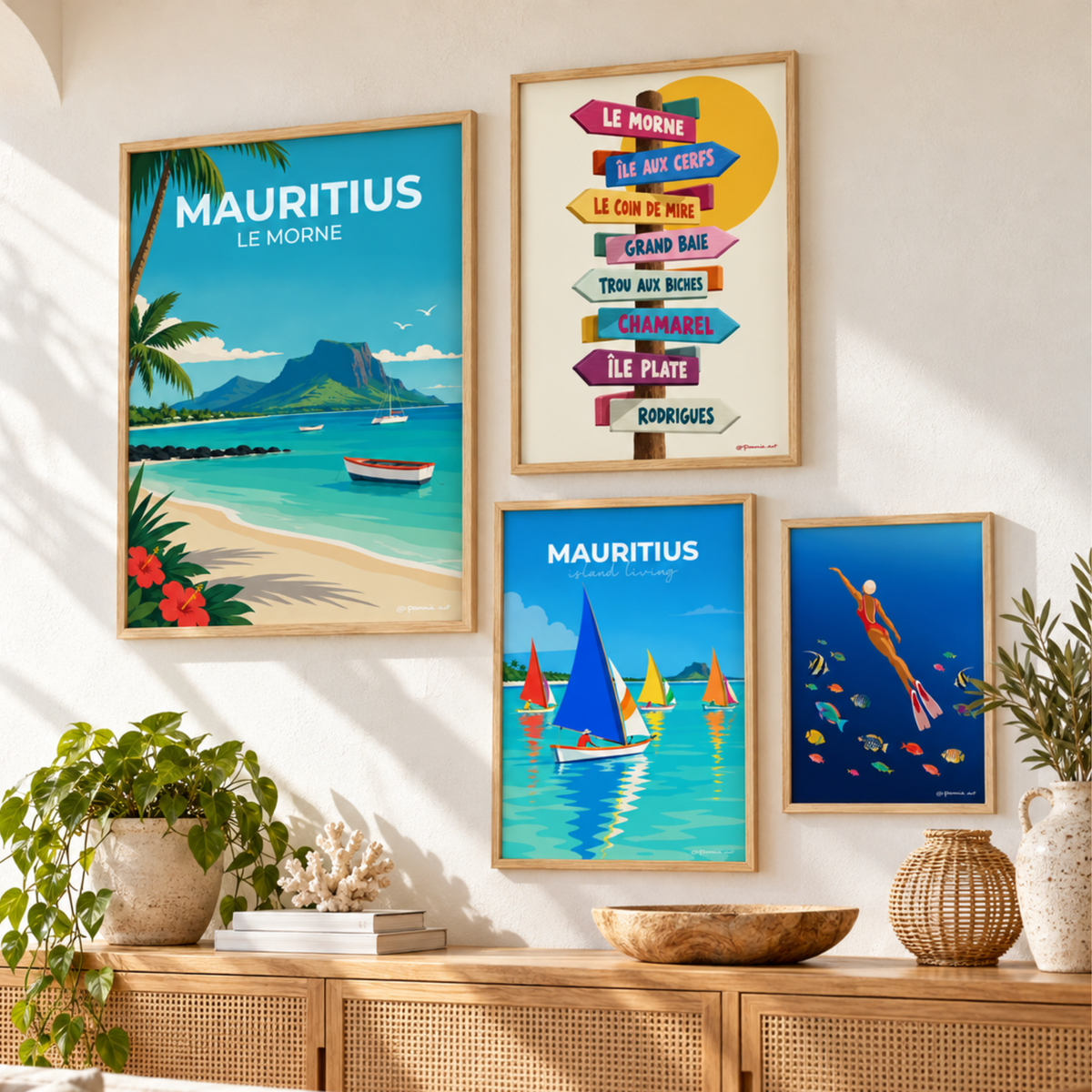 Composition murale d'affiches de l'île Maurice avec Le Morne, panneaux directionnels et paysages tropicaux