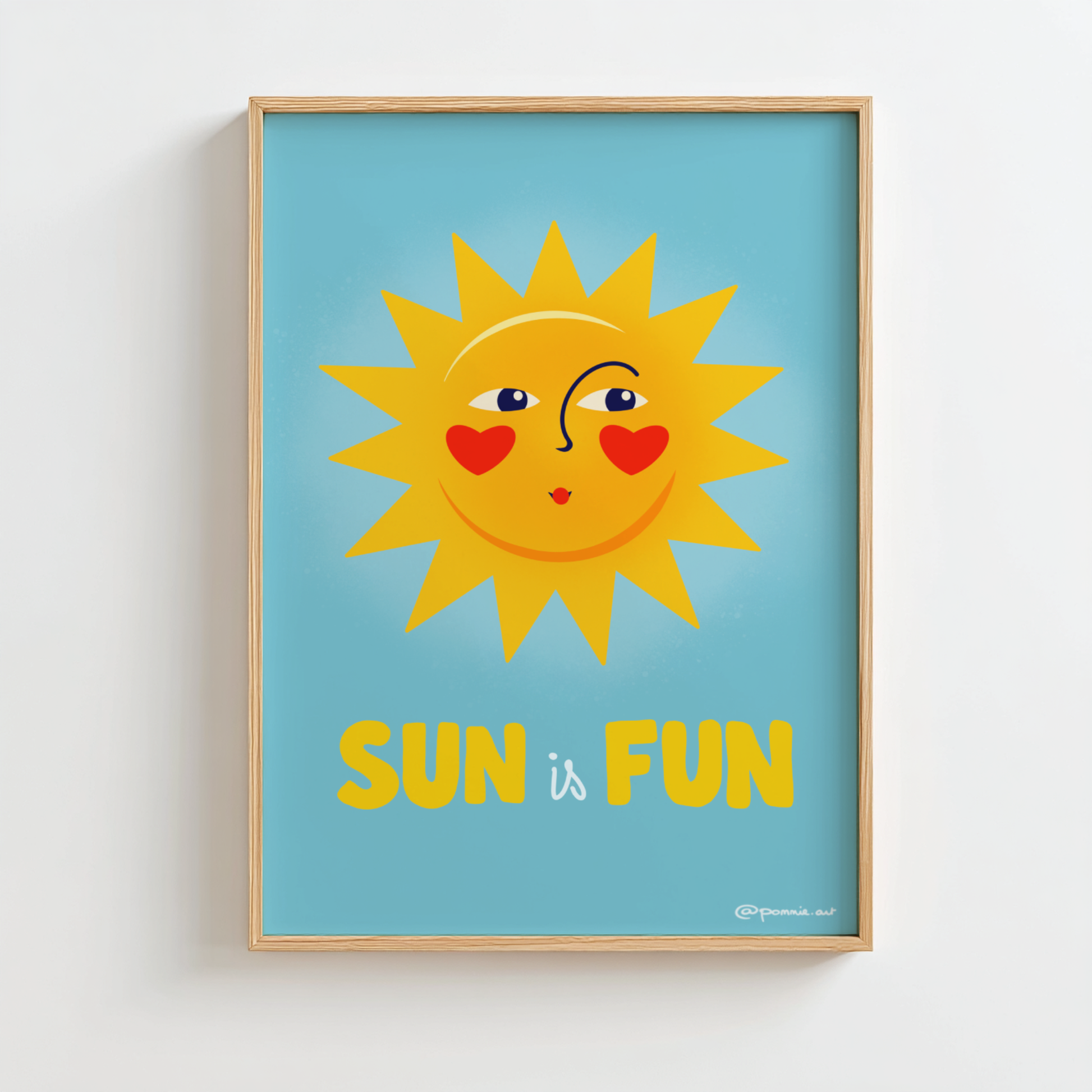 Affiche colorée avec soleil souriant sur fond bleu ciel