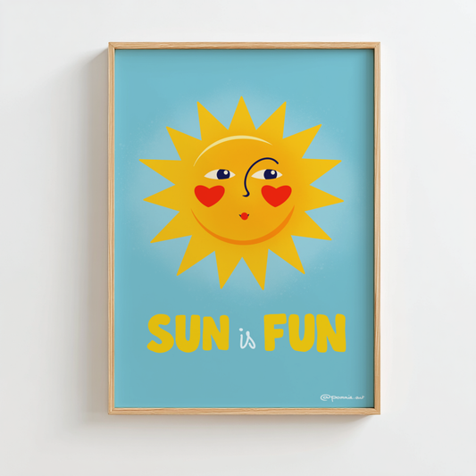 Affiche colorée avec soleil souriant sur fond bleu ciel