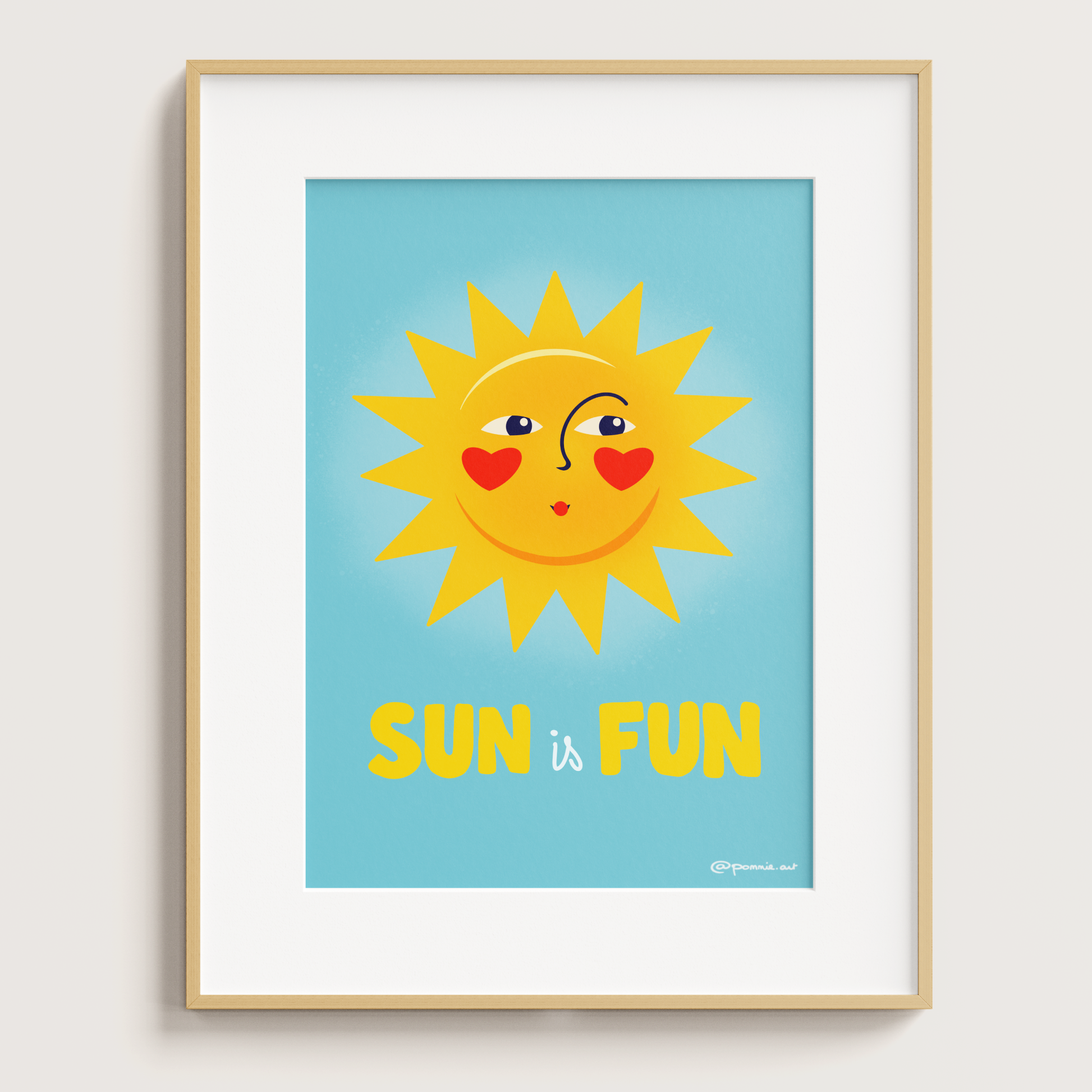 Poster soleil minimaliste aux joues en forme de cœurs rouges